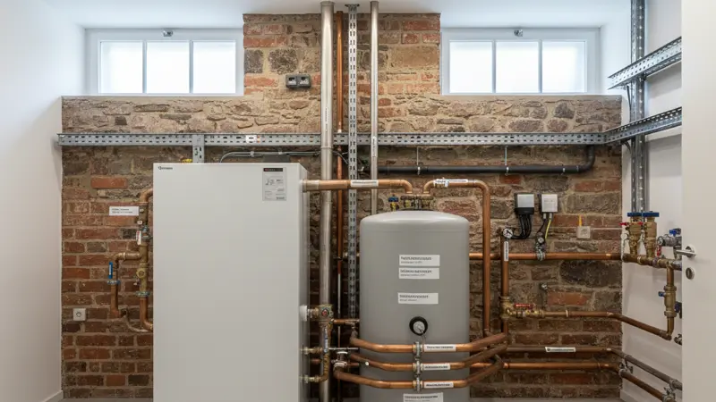Moderner Technikraum mit Wärmepumpe und Pufferspeicher im Keller eines Osnabrücker Altbaus