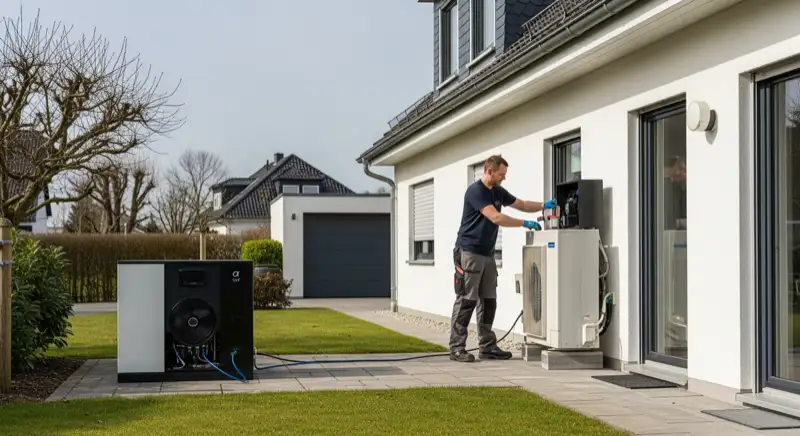 Typisches Altosnabrücker Haus in Sonnenhügel mit Erker und moderner Wärmepumpe im seitlichen Vorgarten