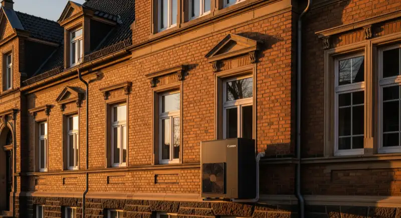 Typisches Paderborner Werkssiedlungshaus mit Backsteinfassade und moderner Wärmepumpe