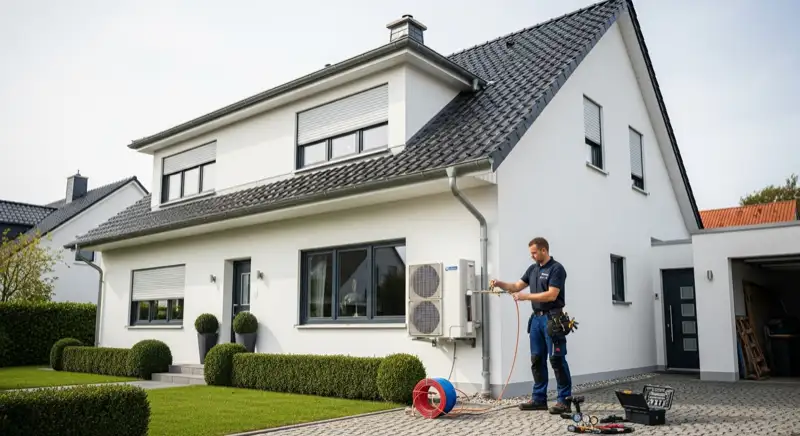 Fachinstallateur bei der Montage einer Wärmepumpe an einem Paderborner Haus