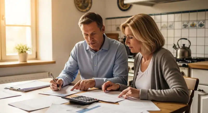 Ehepaar bei der Kaufberatung für eine Wärmepumpe, Unterlagen auf dem Küchentisch