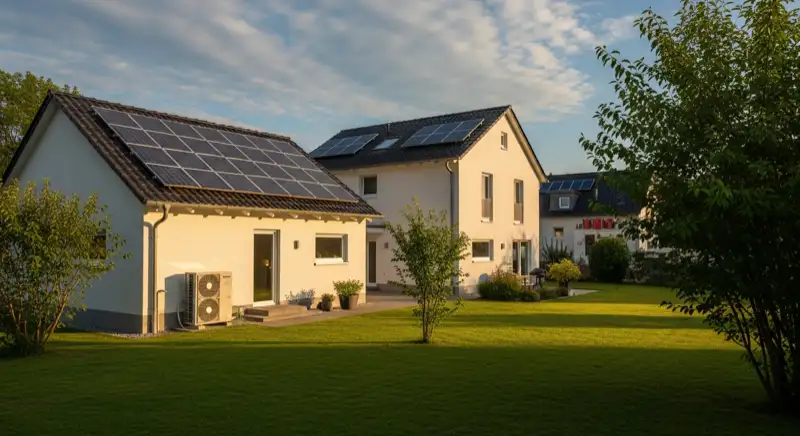 Einfamilienhaus mit Solaranlage auf dem Dach und Wärmepumpe im Garten