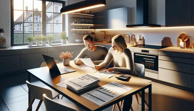 Familie prüft BAFA-Förderanträge für Wärmepumpe am Küchentisch