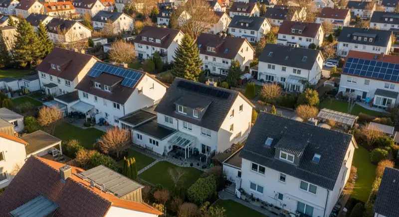 Aerial drone view of typical German residential neighborhood with mixed roof types, red and dark roof tiles, gardens visible, sunny day