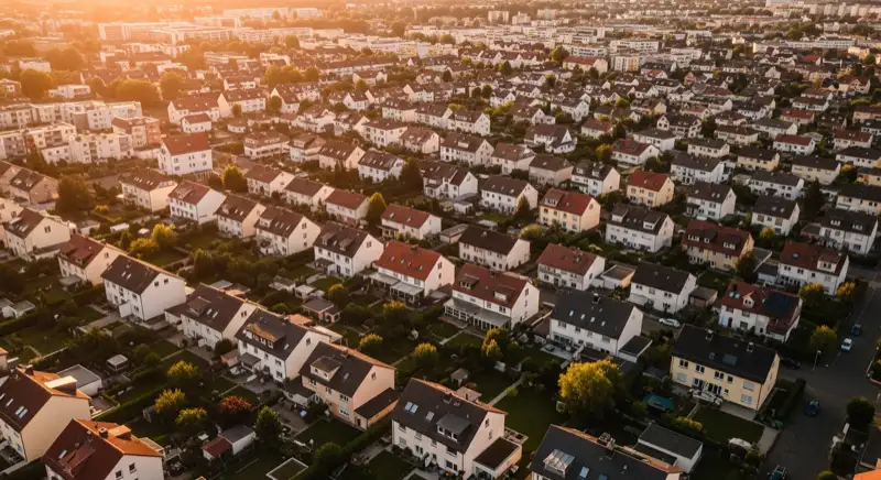Aerial drone view of typical German residential neighborhood with mixed roof types, red and dark roof tiles, gardens visible, sunny day