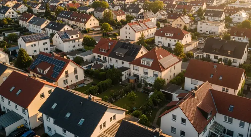 Aerial drone view of typical German residential neighborhood with mixed roof types, red and dark roof tiles, gardens visible, sunny day