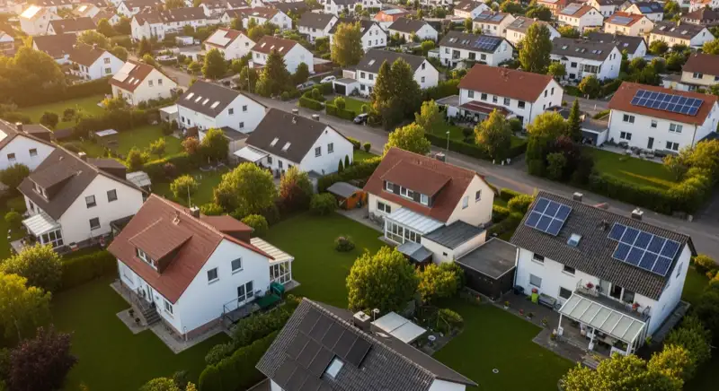 Aerial drone view of typical German residential neighborhood with mixed roof types, red and dark roof tiles, gardens visible, sunny day