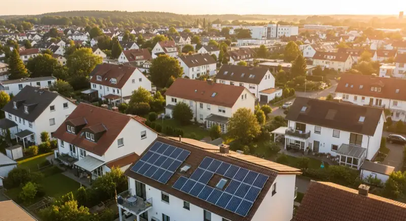 Aerial drone view of typical German residential neighborhood with mixed roof types, red and dark roof tiles, gardens visible, sunny day