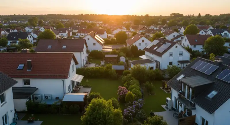 Aerial drone view of typical German residential neighborhood with mixed roof types, red and dark roof tiles, gardens visible, sunny day