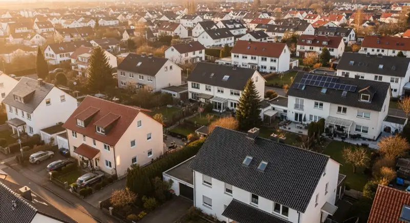 Aerial drone view of typical German residential neighborhood with mixed roof types, red and dark roof tiles, gardens visible, sunny day