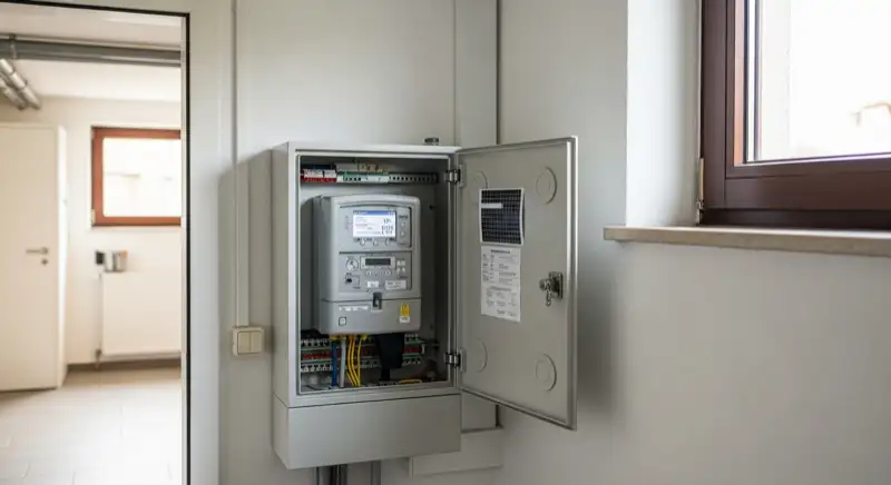Modern German electrical meter cabinet (Zählerschrank) with smart meter and solar inverter connection, clean technical installation