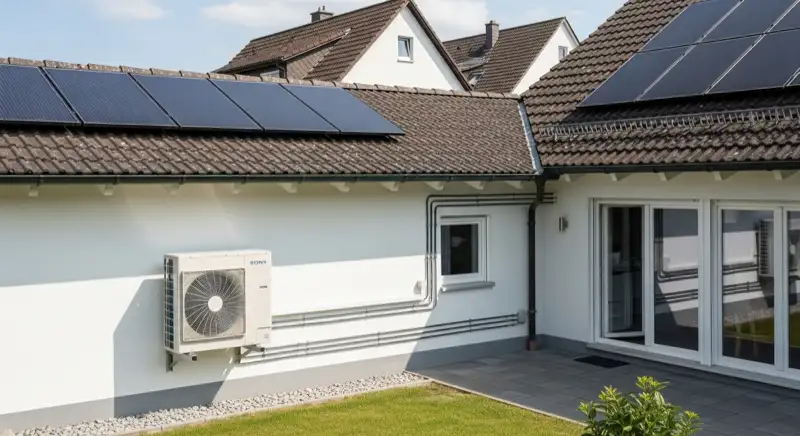 Wärmepumpen-Installation vor einem Rastatter Einfamilienhaus mit Installateur bei der Arbeit