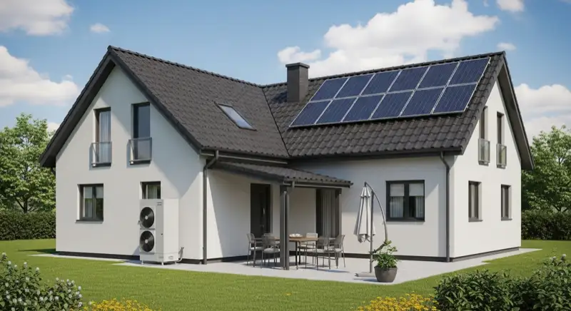 Einfamilienhaus in Rastatt mit Photovoltaik-Anlage auf dem Dach und Wärmepumpen-Außeneinheit im Garten