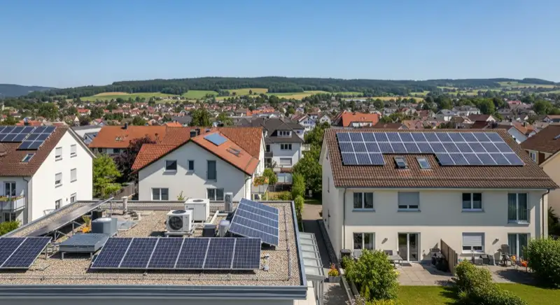 Aerial drone view of typical German residential neighborhood with mixed roof types, red and dark roof tiles, gardens visible, sunny day