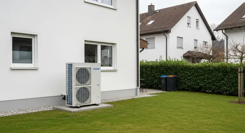 Moderne Luft-Wasser-Wärmepumpe vor einem typischen Rastatter Einfamilienhaus mit Garten