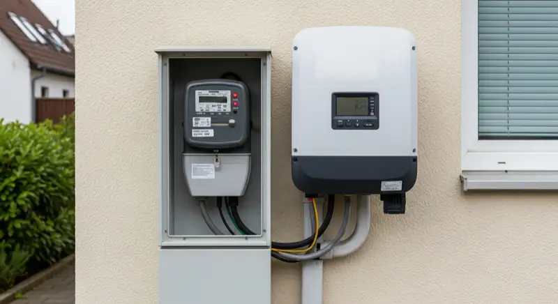 Modern German electrical meter cabinet (Zählerschrank) with smart meter and solar inverter connection, clean technical installation