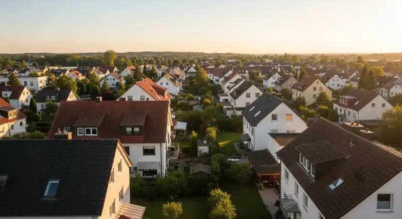 Aerial drone view of typical German residential neighborhood with mixed roof types, red and dark roof tiles, gardens visible, sunny day
