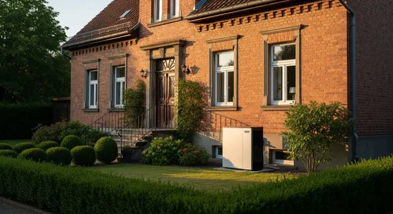 Typisches Recklinghausener Zechenhaus mit moderner Luft-Wasser-Wärmepumpe im Vorgarten