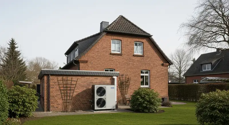 Typisches Bergarbeiterhaus in Recklinghausen mit moderner Luft-Wasser-Wärmepumpe im Garten