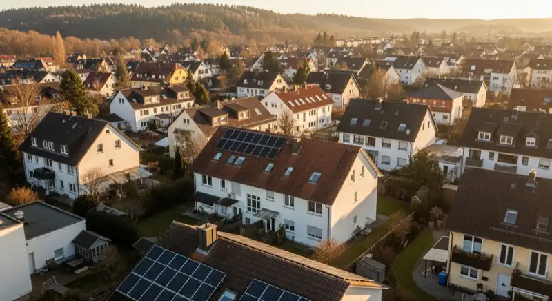 Aerial drone view of typical German residential neighborhood with mixed roof types, red and dark roof tiles, gardens visible, sunny day