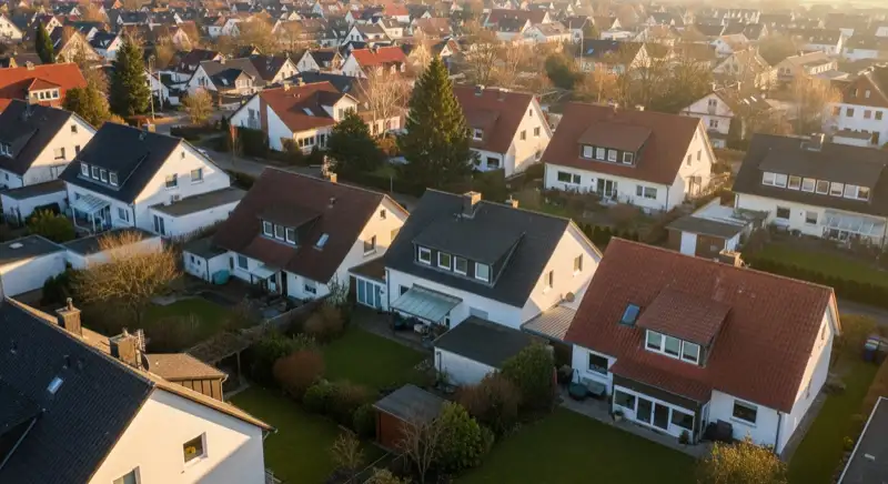 Aerial drone view of typical German residential neighborhood with mixed roof types, red and dark roof tiles, gardens visible, sunny day