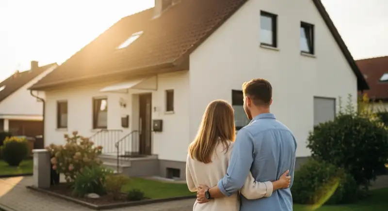 Hausbesitzer-Paar vor Einfamilienhaus in Regensburg, sonniger Tag, positive Energie-Szenerie
