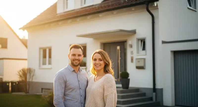 Hausbesitzer-Paar vor Einfamilienhaus in Regensburg, sonniger Tag, positive Energie-Szenerie