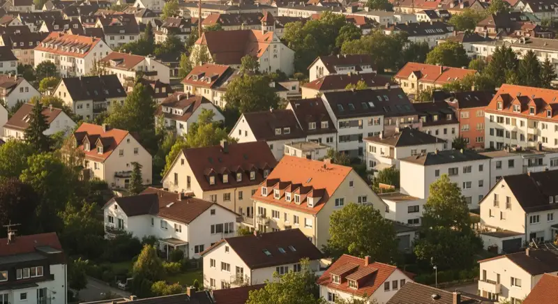 Wohngebiete in Regensburg mit verschiedenen Bauformen, typische Einfamilienhäuser und Dachstrukturen aus der Luft