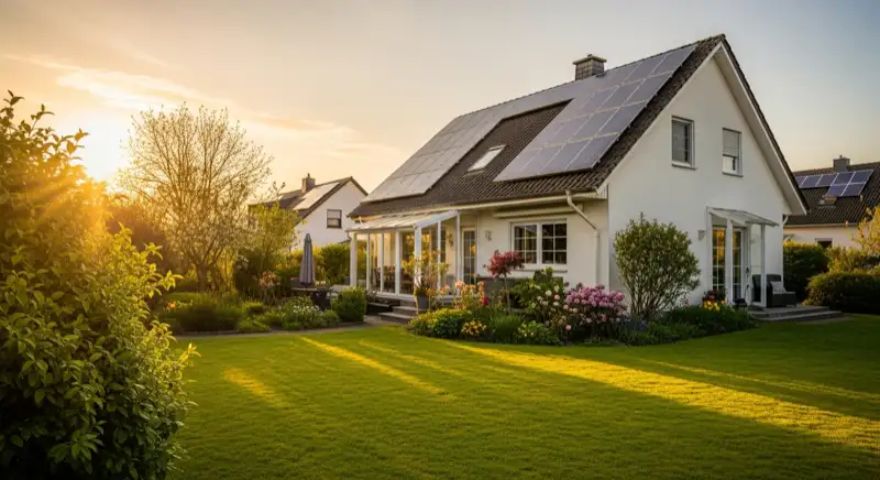 German detached house (Einfamilienhaus) with photovoltaic panels on pitched roof, well-maintained garden, warm afternoon sunlight