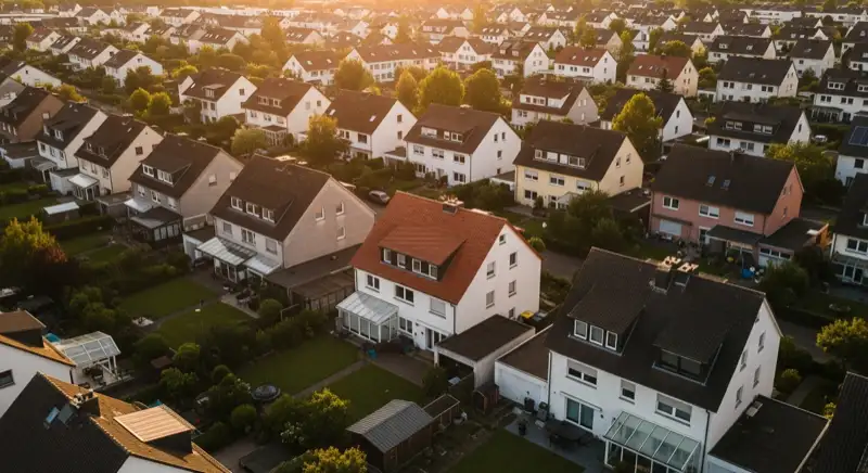 Aerial drone view of typical German residential neighborhood with mixed roof types, red and dark roof tiles, gardens visible, sunny day