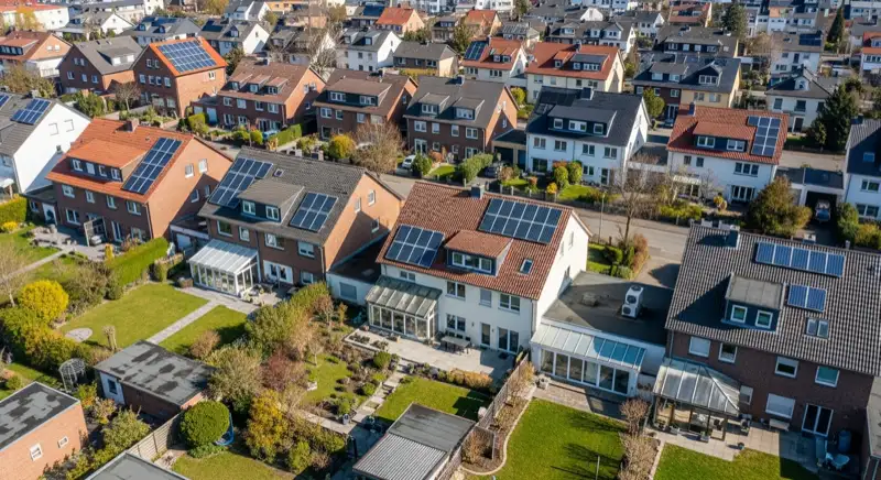 Aerial drone view of typical German residential neighborhood with mixed roof types, red and dark roof tiles, gardens visible, sunny day