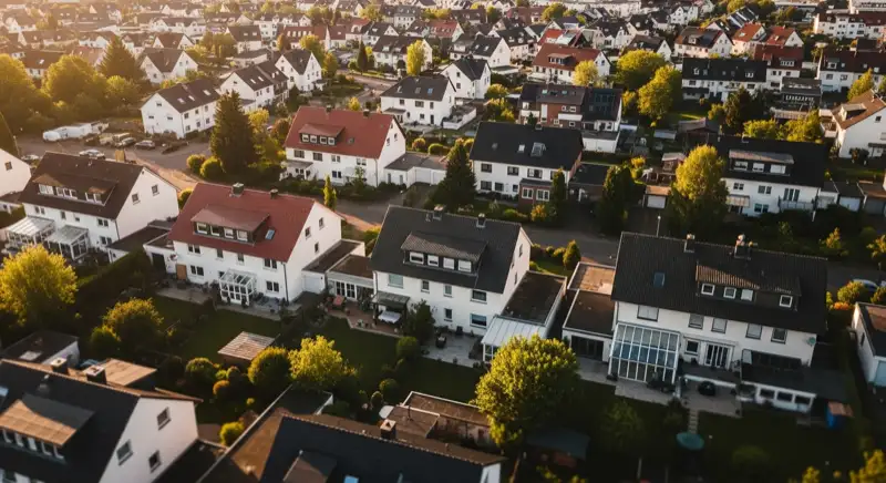 Aerial drone view of typical German residential neighborhood with mixed roof types, red and dark roof tiles, gardens visible, sunny day