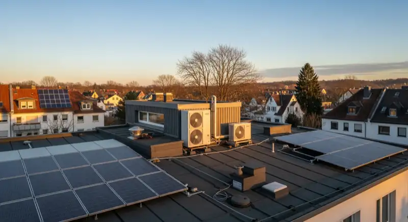 Gründerzeit-Häuser in Honsberg mit moderner Wärmepumpen-Außeneinheit