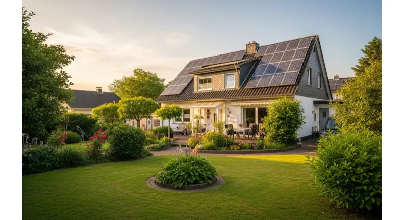 German detached house (Einfamilienhaus) with photovoltaic panels on pitched roof, well-maintained garden, warm afternoon sunlight