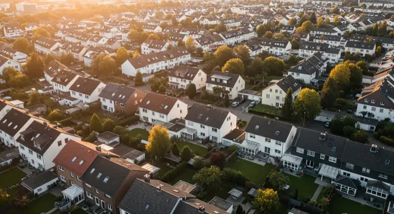 Aerial drone view of typical German residential neighborhood with mixed roof types, red and dark roof tiles, gardens visible, sunny day