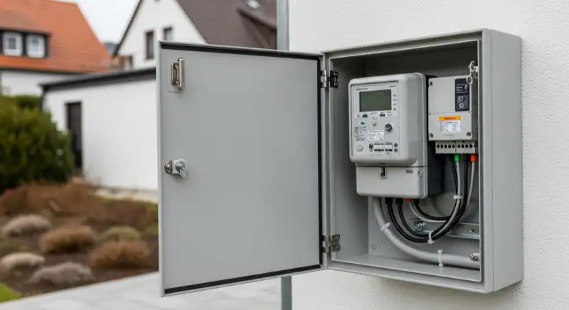 Modern German electrical meter cabinet (Zählerschrank) with smart meter and solar inverter connection, clean technical installation