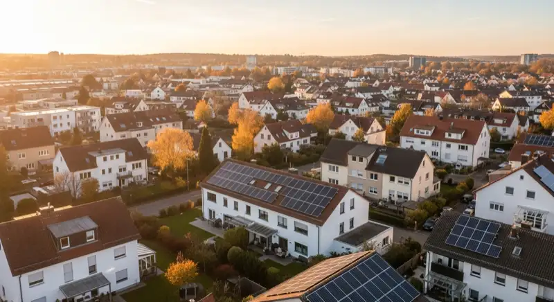 Aerial drone view of typical German residential neighborhood with mixed roof types, red and dark roof tiles, gardens visible, sunny day