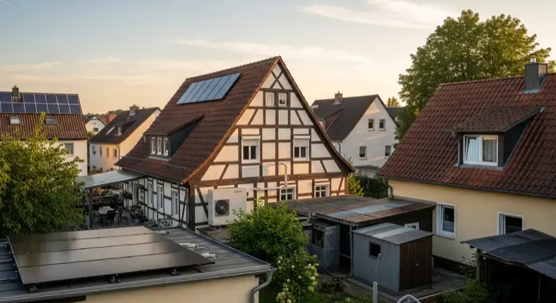 Fachwerkhaus in Rodgau mit dezent installierter Luft-Wasser-Wärmepumpe im Hinterhof