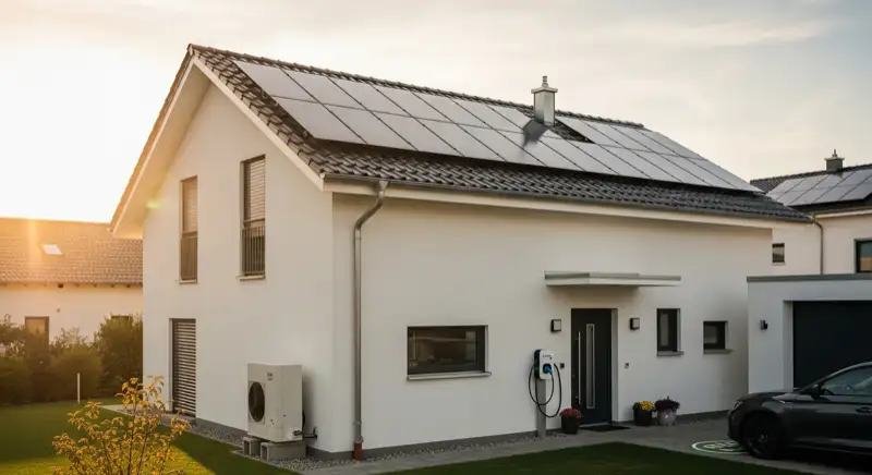 Modernes Einfamilienhaus in Rodgau mit Wärmepumpe, Solaranlage auf dem Dach und Elektroauto-Ladestation als intelligentes Gesamtsystem