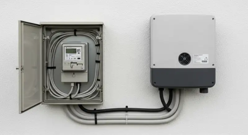 Modern German electrical meter cabinet (Zählerschrank) with smart meter and solar inverter connection, clean technical installation