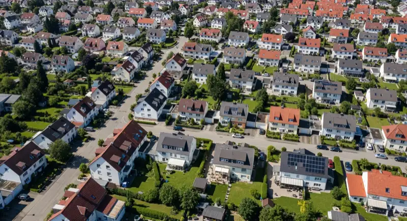 Aerial drone view of typical German residential neighborhood with mixed roof types, red and dark roof tiles, gardens visible, sunny day