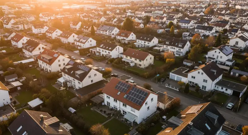 Aerial drone view of typical German residential neighborhood with mixed roof types, red and dark roof tiles, gardens visible, sunny day