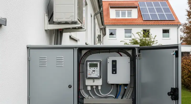 Modern German electrical meter cabinet (Zählerschrank) with smart meter and solar inverter connection, clean technical installation