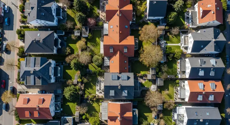 Aerial drone view of typical German residential neighborhood with mixed roof types, red and dark roof tiles, gardens visible, sunny day
