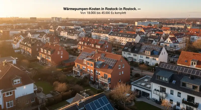 Aerial drone view of typical German residential neighborhood with mixed roof types, red and dark roof tiles, gardens visible, sunny day