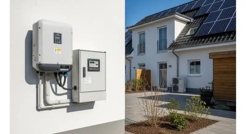 Modern German electrical meter cabinet (Zählerschrank) with smart meter and solar inverter connection, clean technical installation