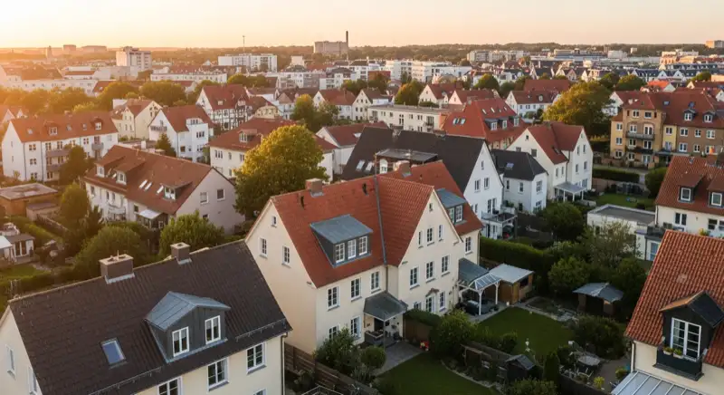 Aerial drone view of typical German residential neighborhood with mixed roof types, red and dark roof tiles, gardens visible, sunny day