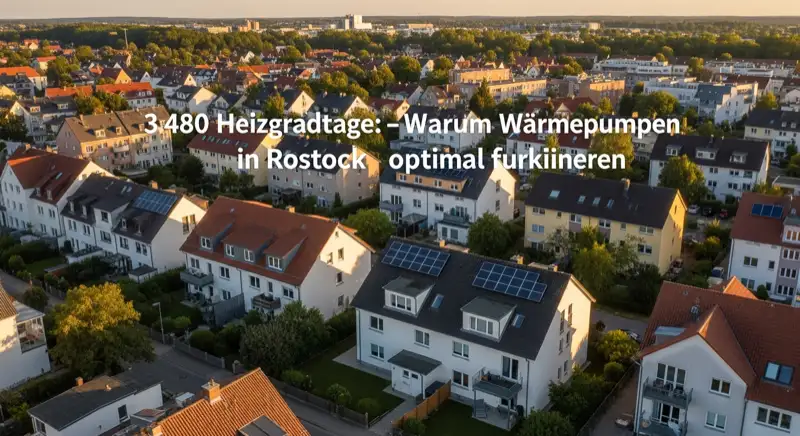 Aerial drone view of typical German residential neighborhood with mixed roof types, red and dark roof tiles, gardens visible, sunny day