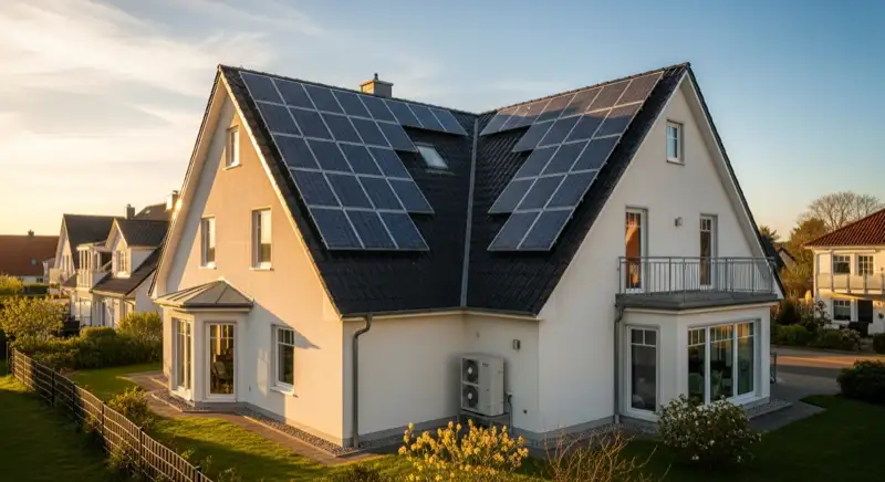 Ferienhaus in Warnemünde mit Wärmepumpen-Außengerät und großer PV-Anlage auf dem Dach
