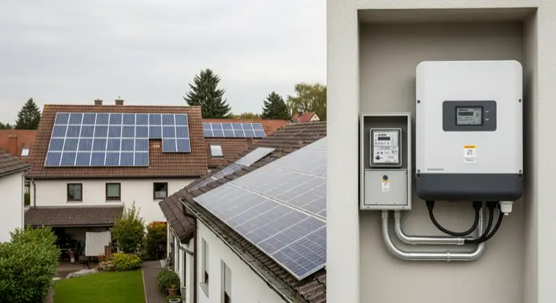 Modern German electrical meter cabinet (Zählerschrank) with smart meter and solar inverter connection, clean technical installation